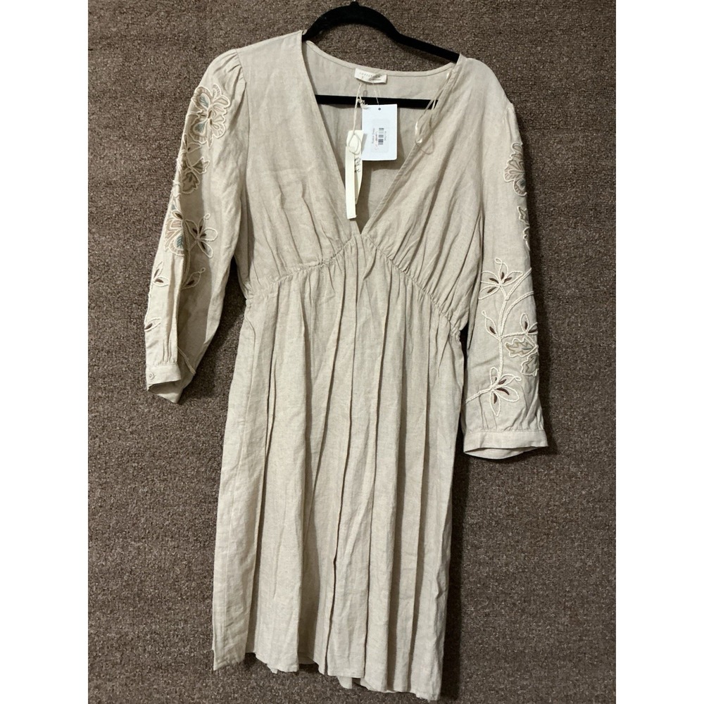 Lovestitch Dress NWT Ruston L Boho Embroidered Sleeves Fit Flare Oatmeal/cream